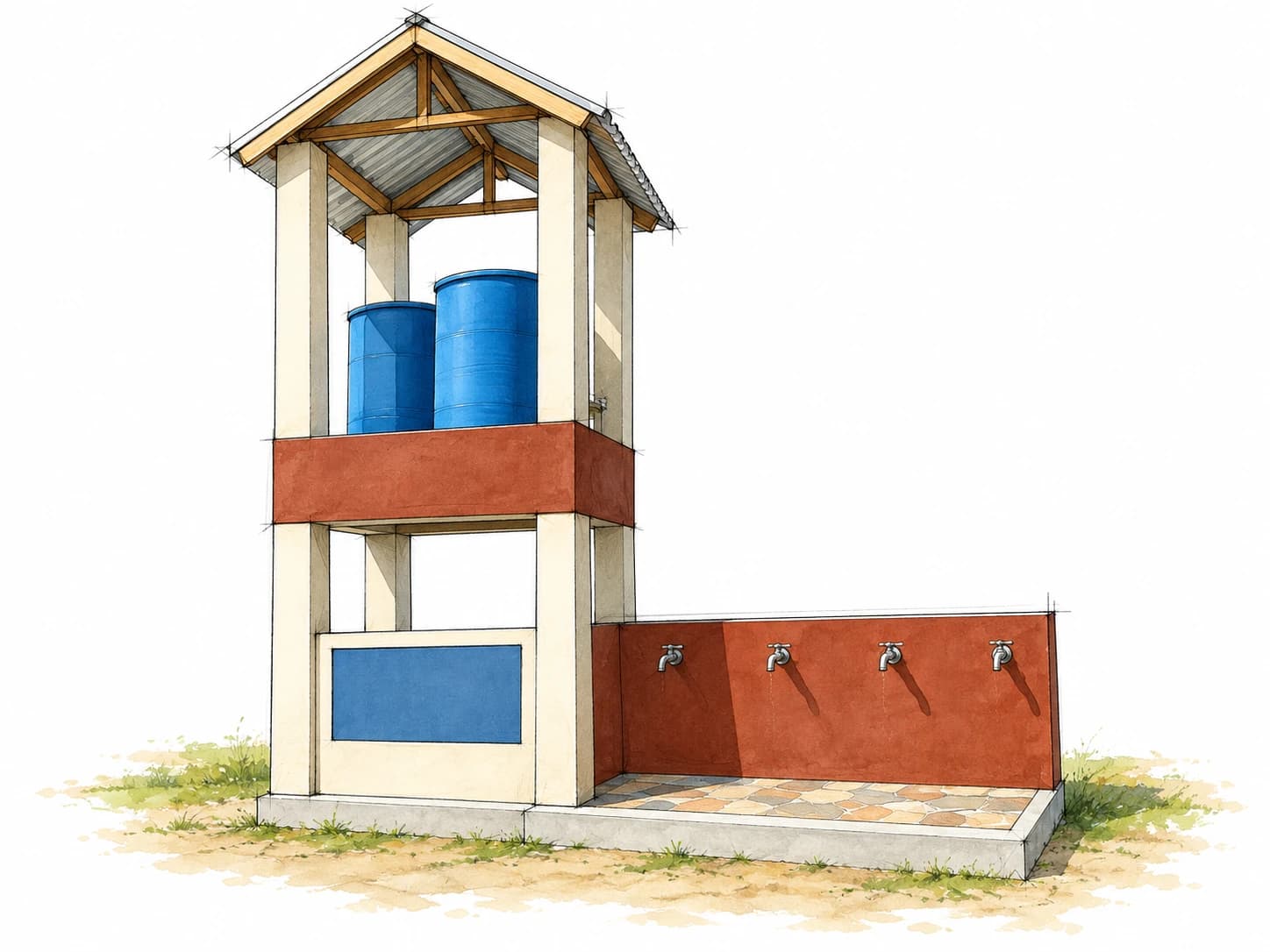 Croquis : Puits électrique avec robinets et citerne à Madagascar