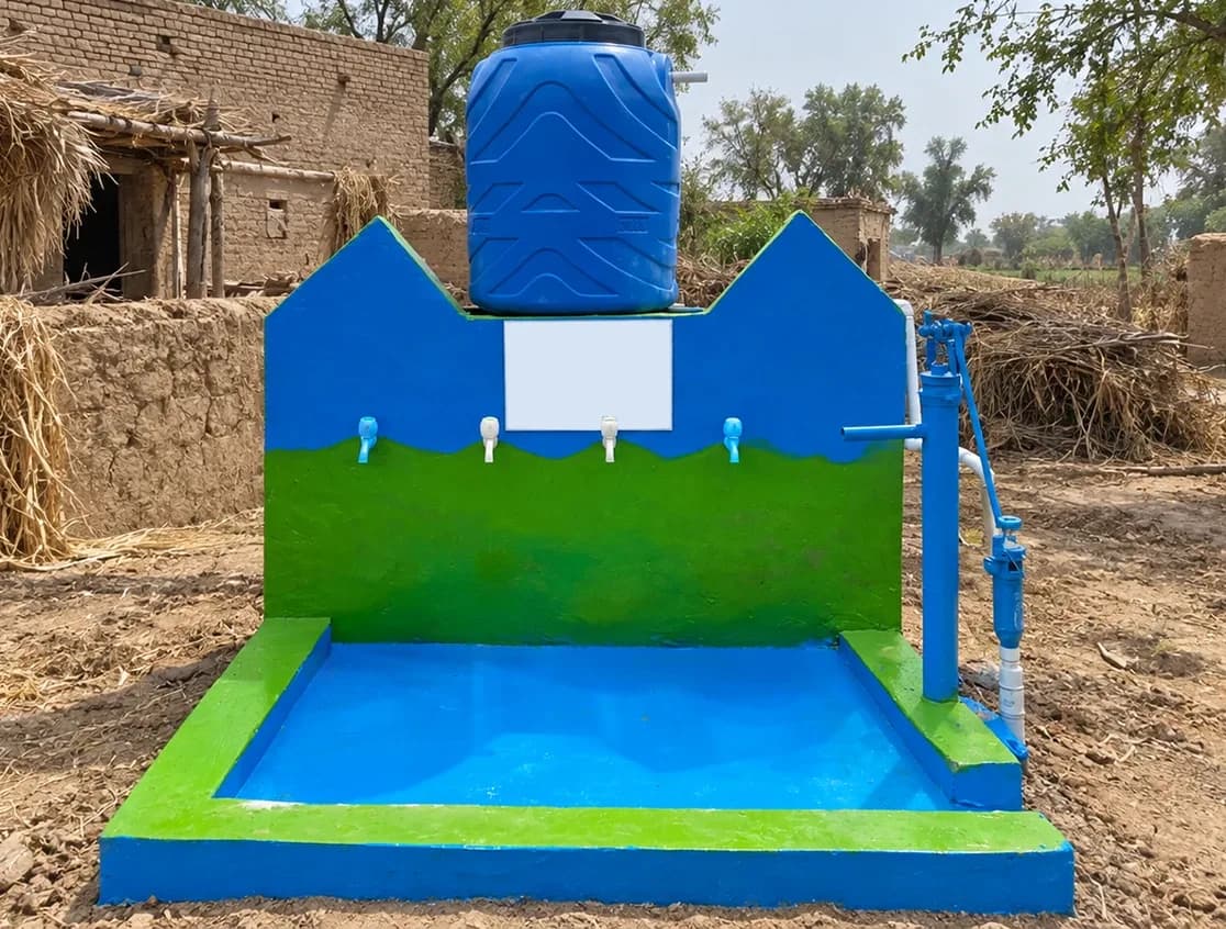 Puits électrique avec robinets et citerne au Pakistan