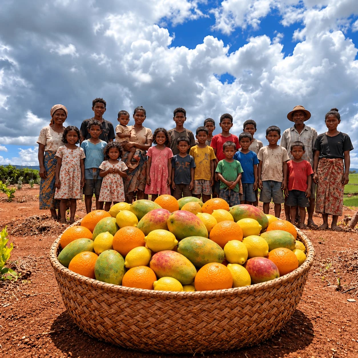 Familles et enfants autour d'un panier de fruits