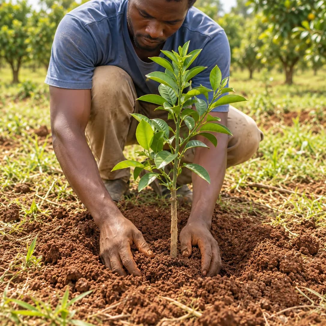 Jeune arbre fruitier planté à la main dans un verger