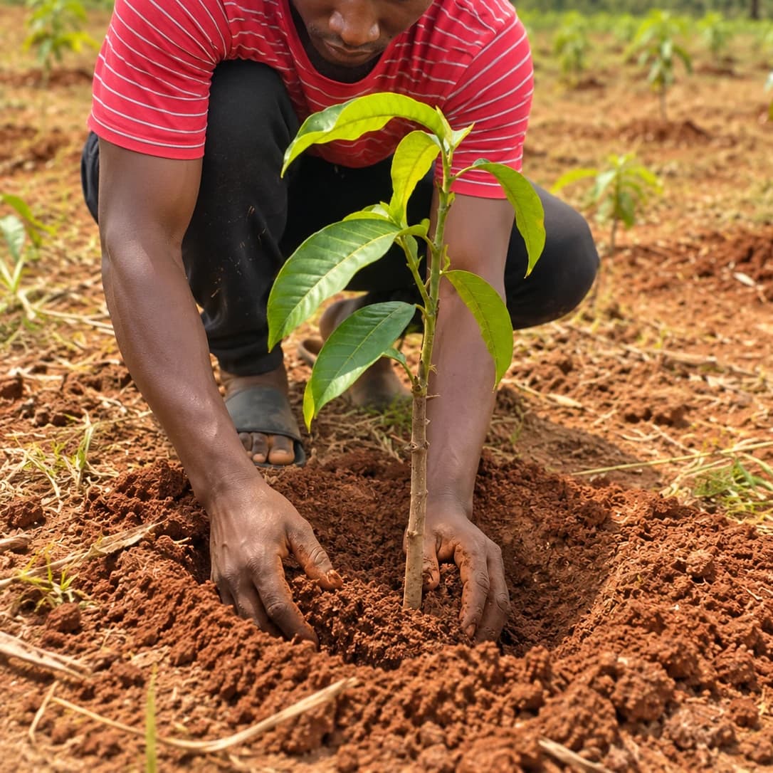 Jeune arbre fruitier mis en terre à la main