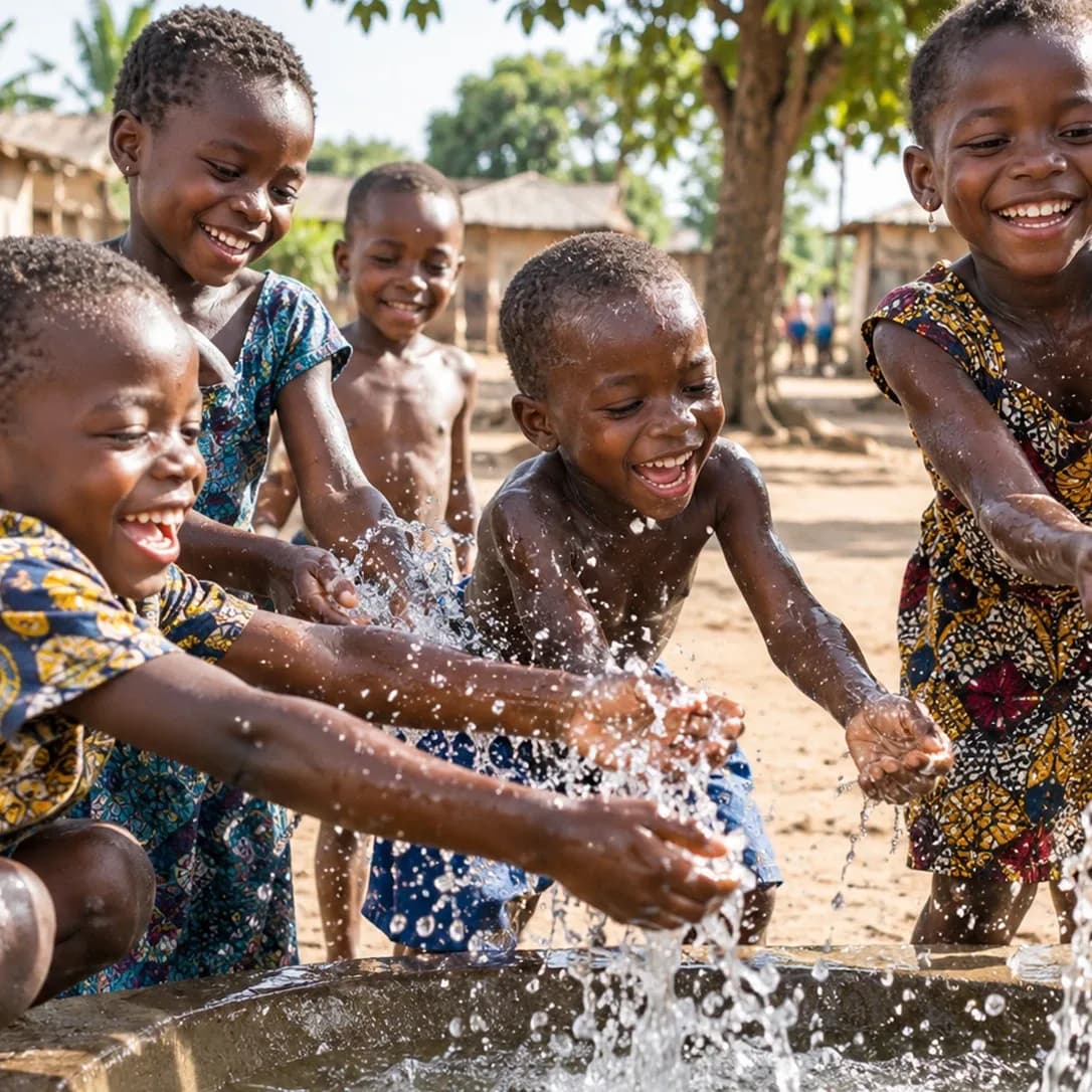 Enfants qui jouent avec l'eau d'un puits dans un village d'Afrique
