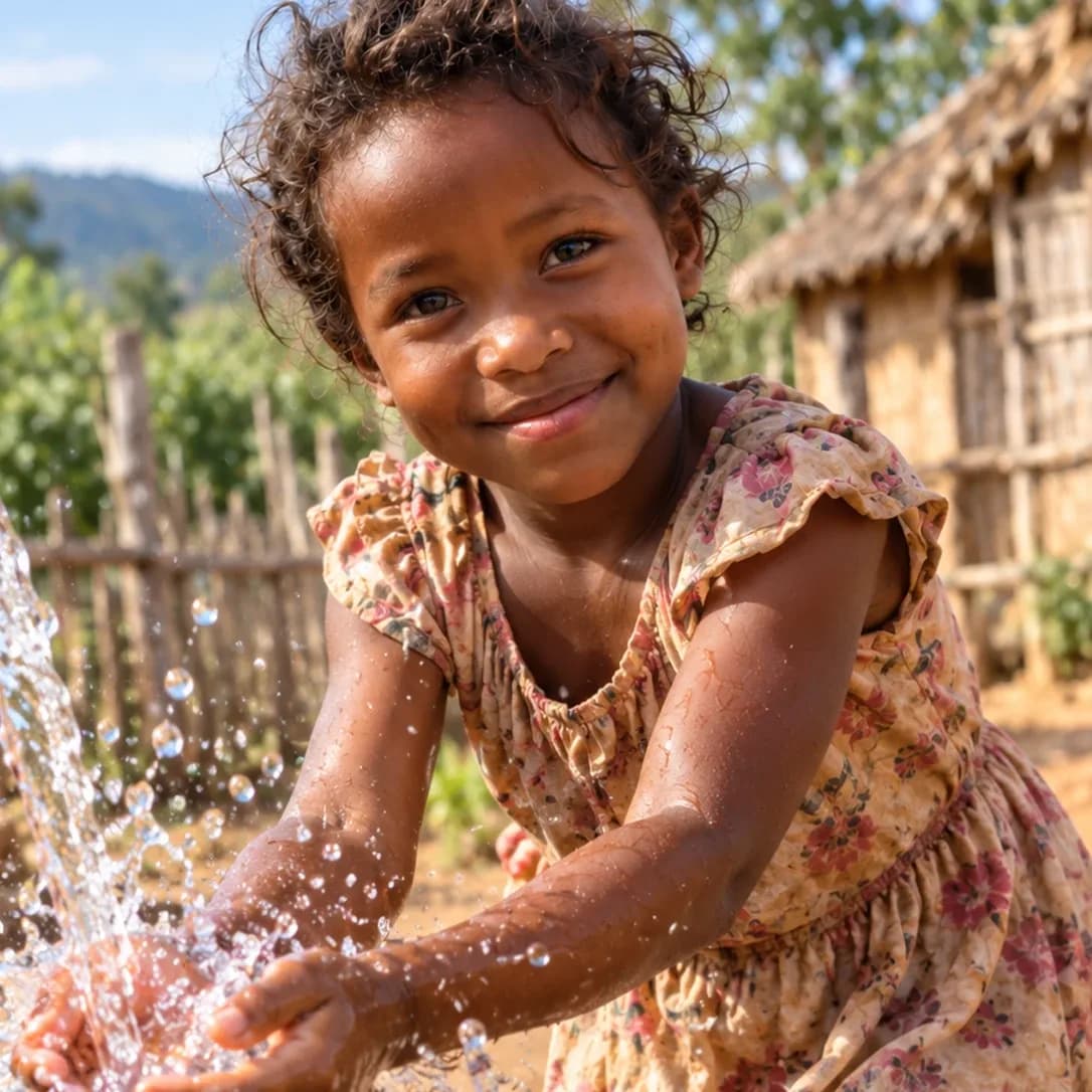 Un enfant à l'eau d'un puits à Madagascar