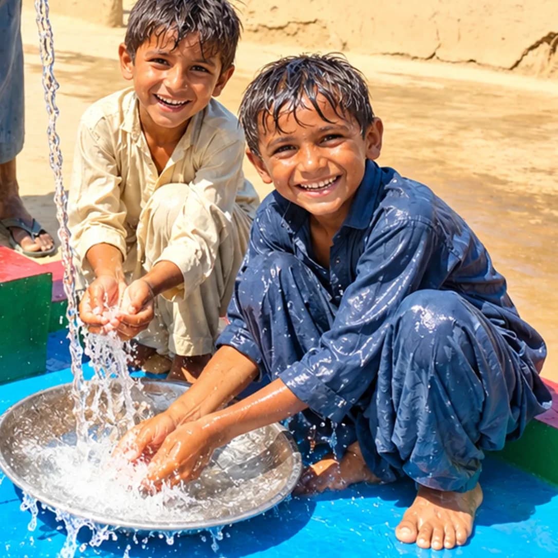 Deux garçons qui se lavent avec l'eau d'un puits au Pakistan