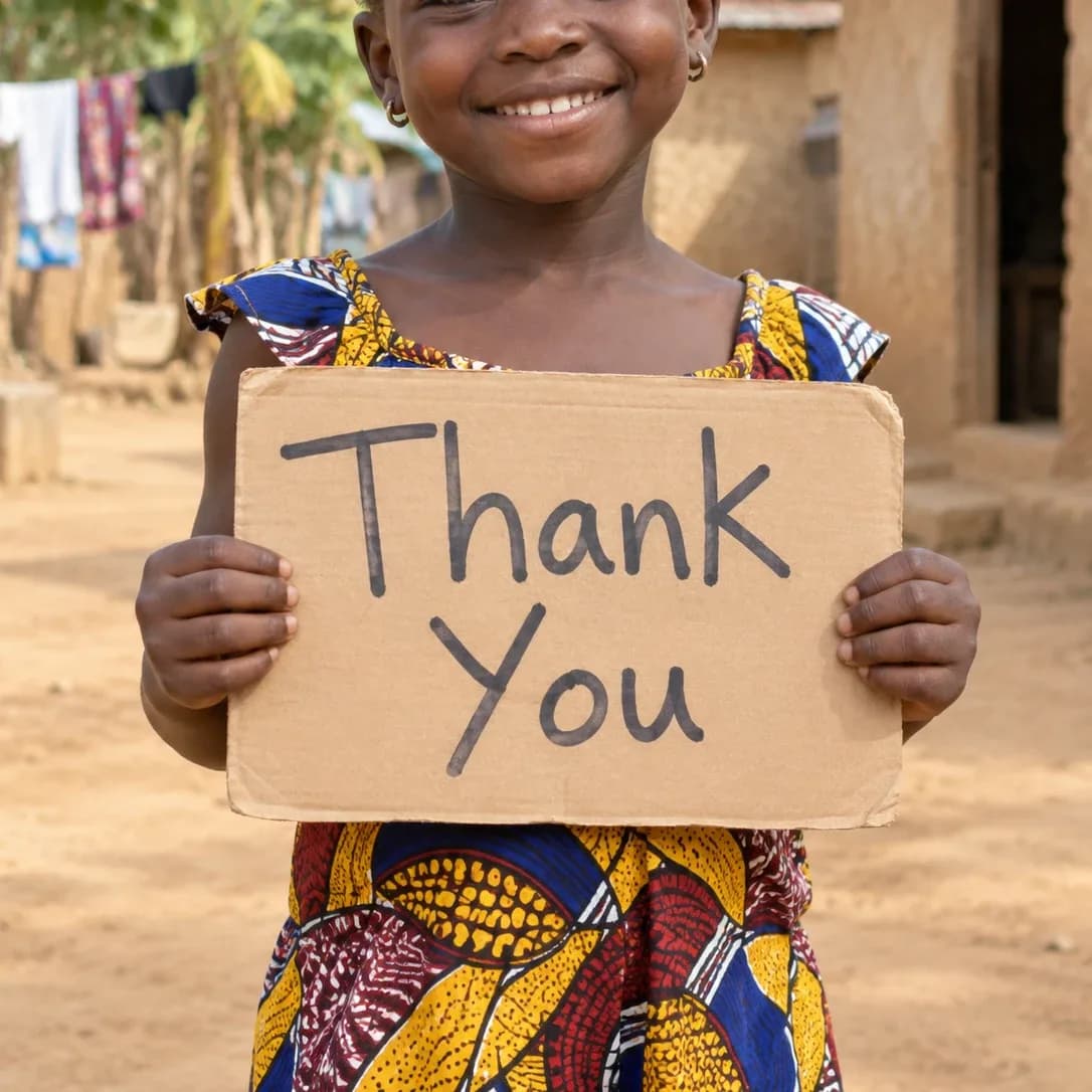 Enfant qui tient une pancarte « Thank you » en Afrique