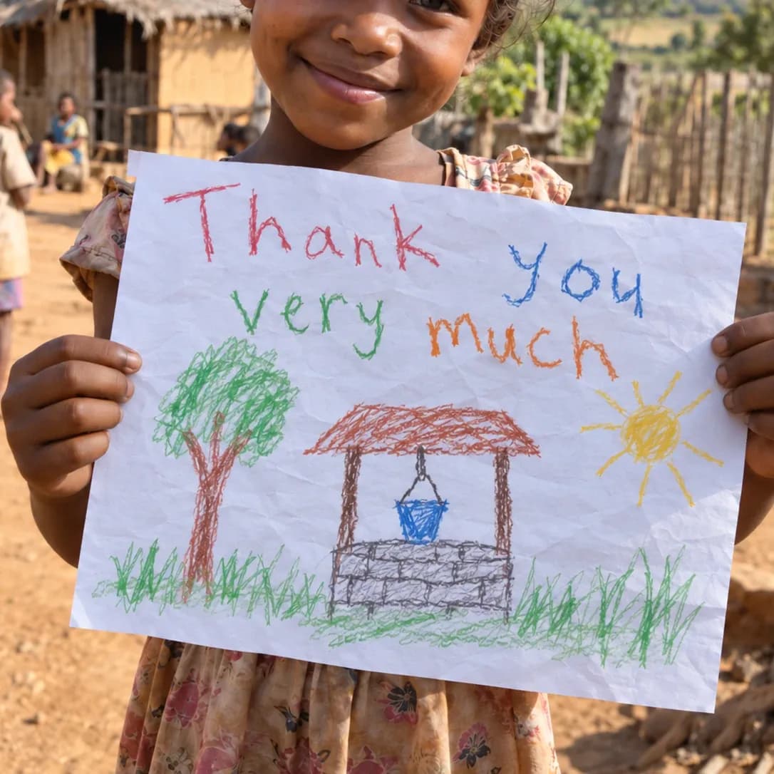 Enfant qui tient un dessin de puits avec « Thank you very much » à Madagascar