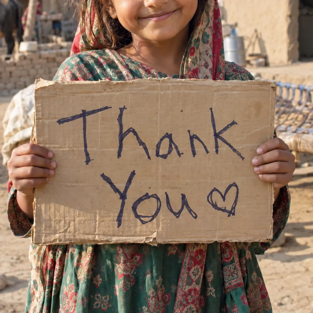 Fillette qui tient une pancarte « Thank you » au Pakistan